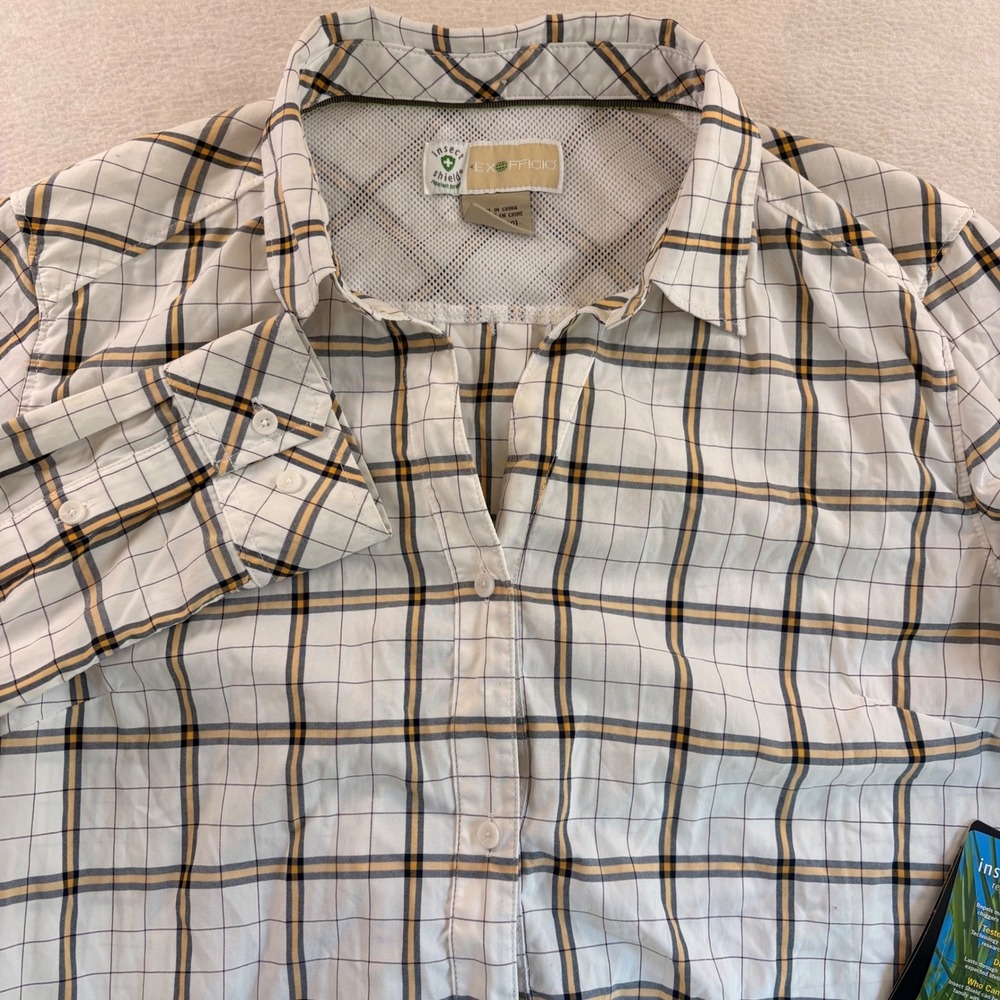 ExOfficio Insect Shield Deia LS Plaid Shirt White Yellow Womens Medium 2101-3332